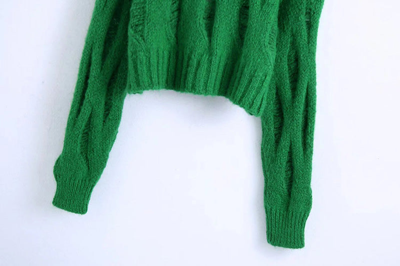 Hole decorated high neck Pullover Sweater  7714