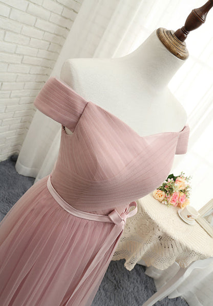 Pink tulle off shoulder A line long prom dress, pink evening dresses  7795