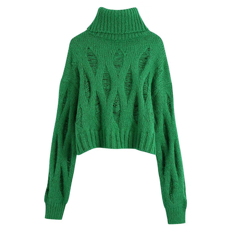 Hole decorated high neck Pullover Sweater  7714