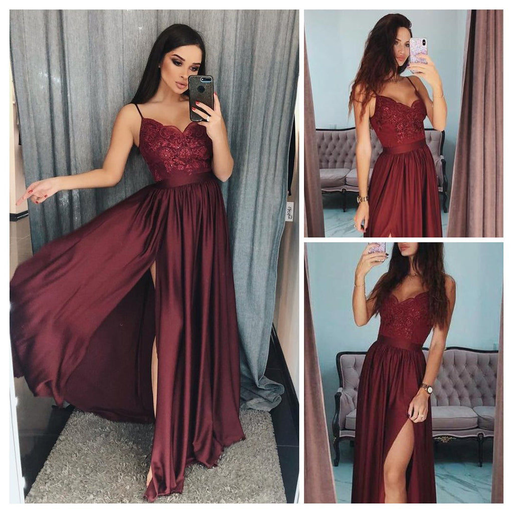 Burgundy Spaghetti Straps A-line Prom Dress Long Wedding Guest Dresses