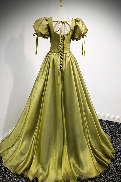 Green v neck tulle long prom dress A line evening dress  8878