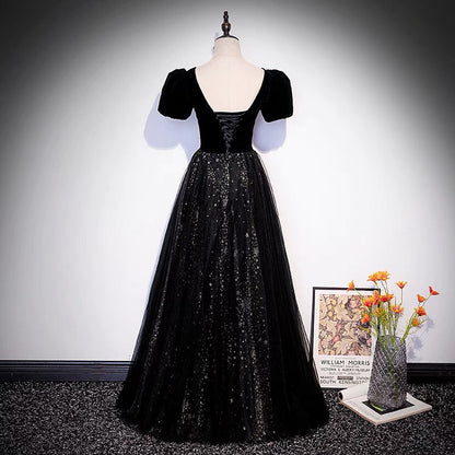 Black velvet tulle long prom dress A line evening gown  10106