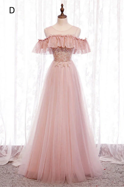 Pink tulle lace long prom dress evening dress  8349