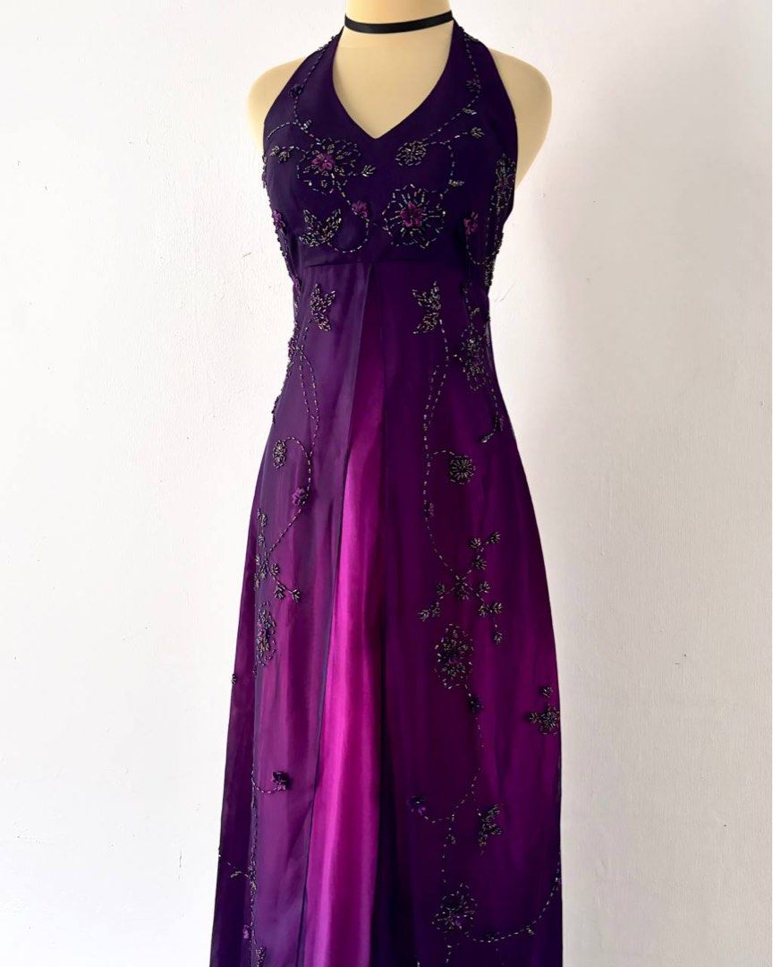 girlhomeshops--Purple Exquisite Floral Beaded Vintage Long Chiffon Prom Dress Homecoming Dress Fairy Dress  gh5677