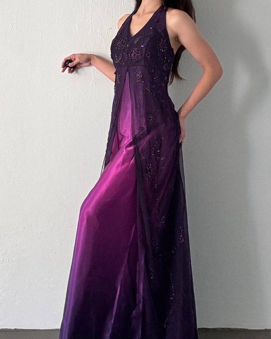 girlhomeshops--Purple Exquisite Floral Beaded Vintage Long Chiffon Prom Dress Homecoming Dress Fairy Dress  gh5677