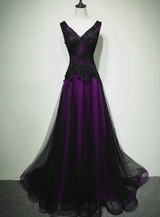 Gothic Tulle Long Prom Dress Purple and Black Formal Womens Dresses