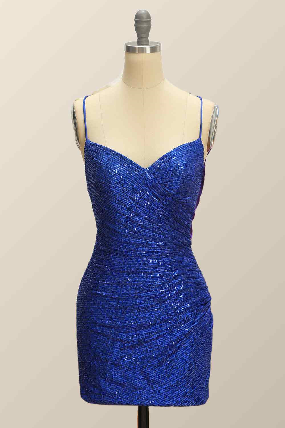 Royal Blue Sheath Lace-Up Back Pleated Sequins Mini Homecoming Dress