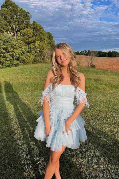 Chic Tulle A-Line Off-Shoulder Beaded Feathers Homecoming Dress