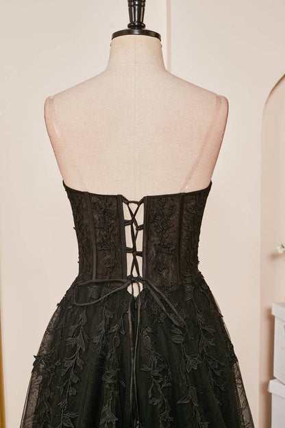 Black Lace-Up Strapless Appliques A-line Long Prom Dress