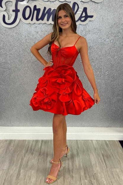 V-Neck Sleeveless Satin A-Line Florals Short Homecoming Dress