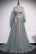 Floral Lace Long Sleeves Tulle Prom Dresses A Line Maxi Dress