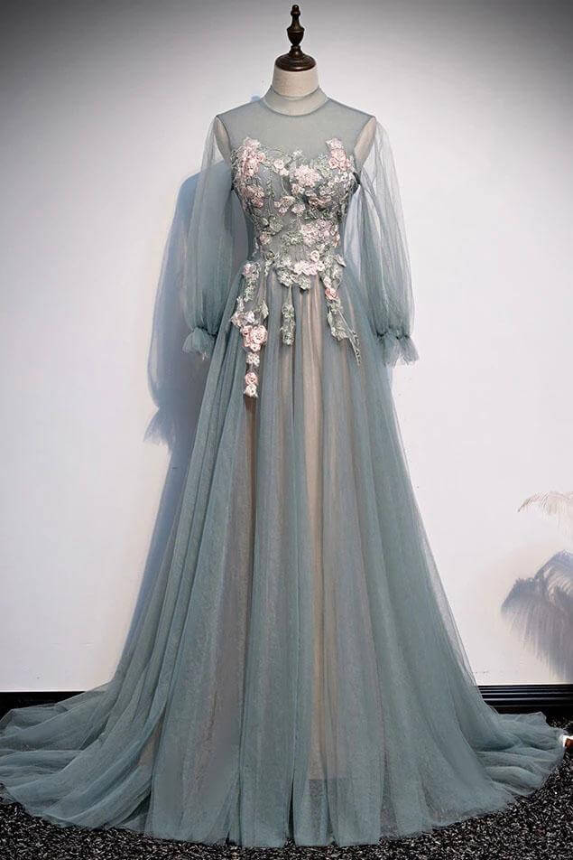 Floral Lace Long Sleeves Tulle Prom Dresses A Line Maxi Dress