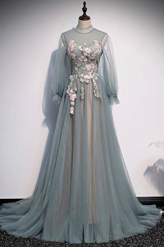 Floral Lace Long Sleeves Tulle Prom Dresses A Line Maxi Dress