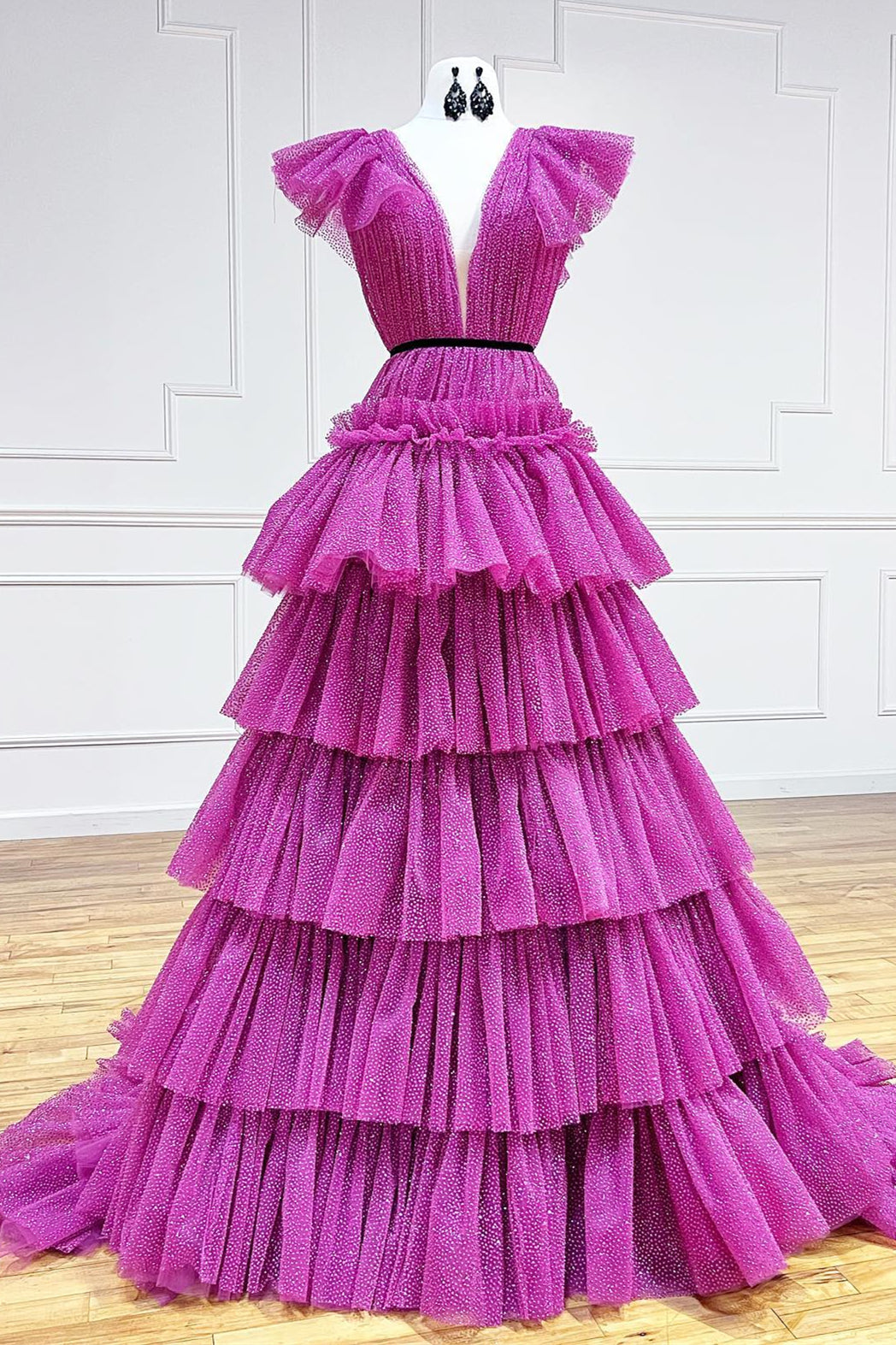 Fuchsia Flutter Sleeves Layers Dot A-line Long Prom Dress