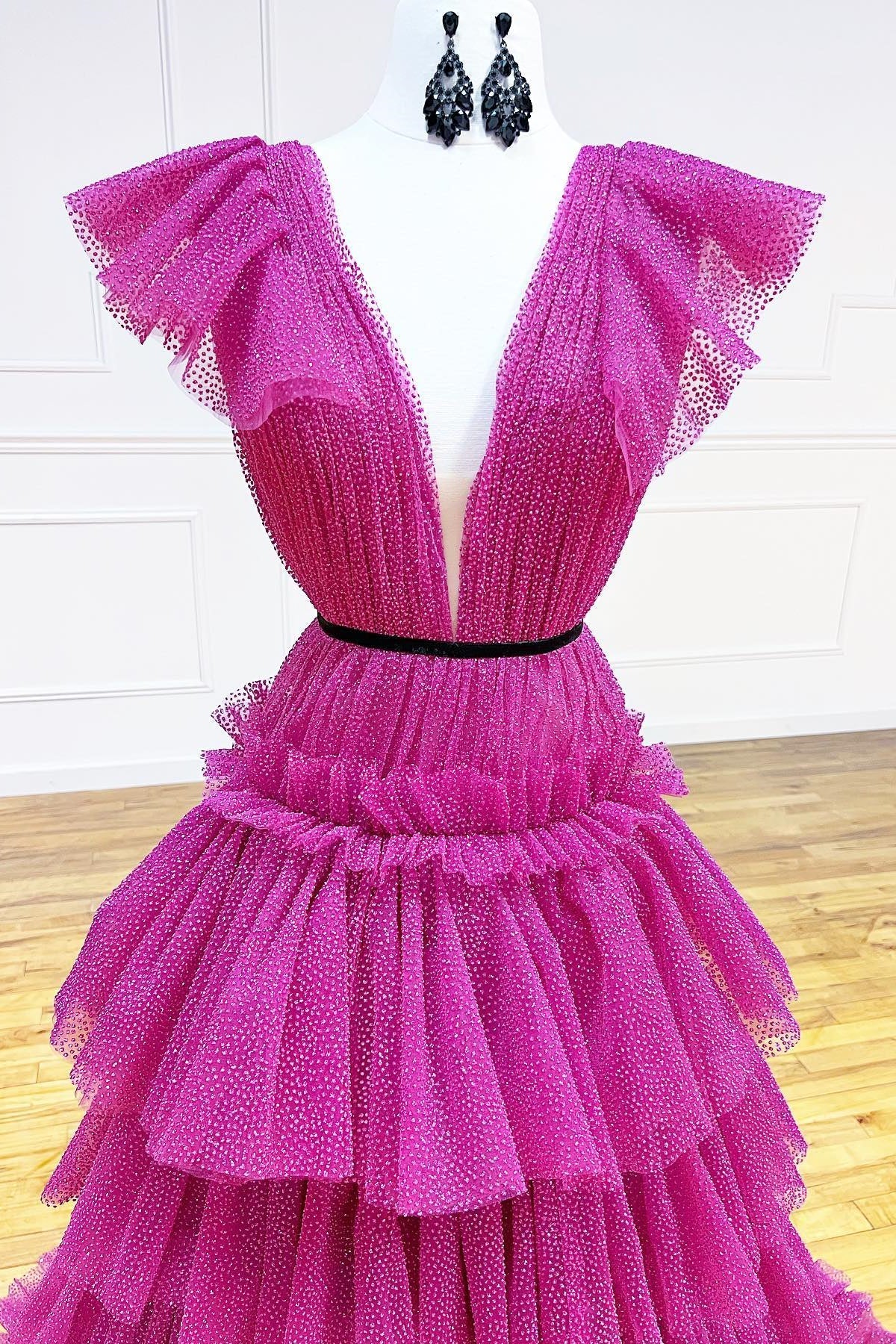 Fuchsia Flutter Sleeves Layers Dot A-line Long Prom Dress