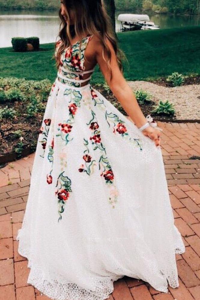 Princess V Neck Floral Embroidery Long Prom Dress with Pocket