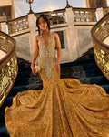 Sparkly Gold Mermaid Prom Dress Long Train Crystal Wedding Party Gown