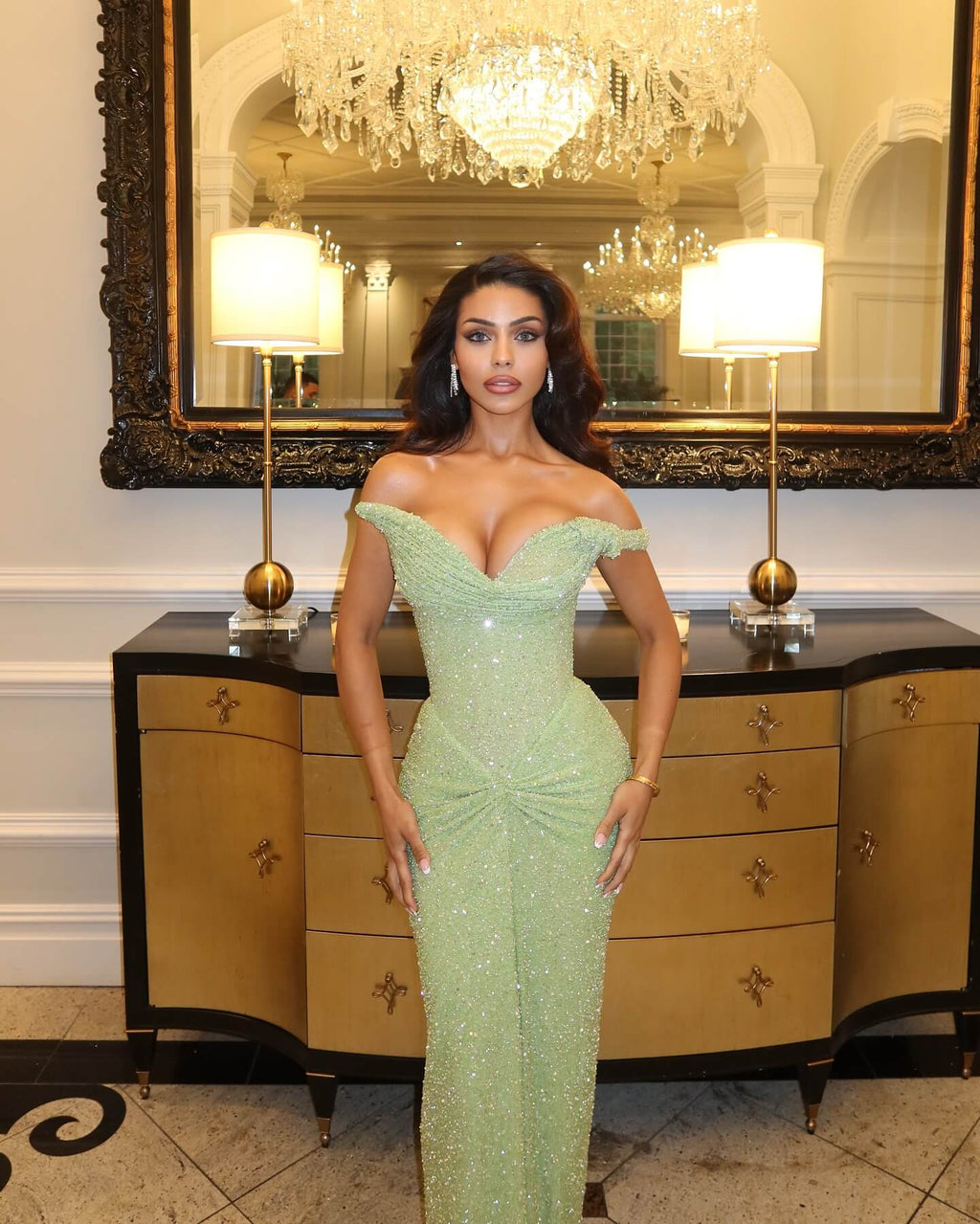 Green Off-the-shoulder Sequin Mermaid Gown Corset Bodice