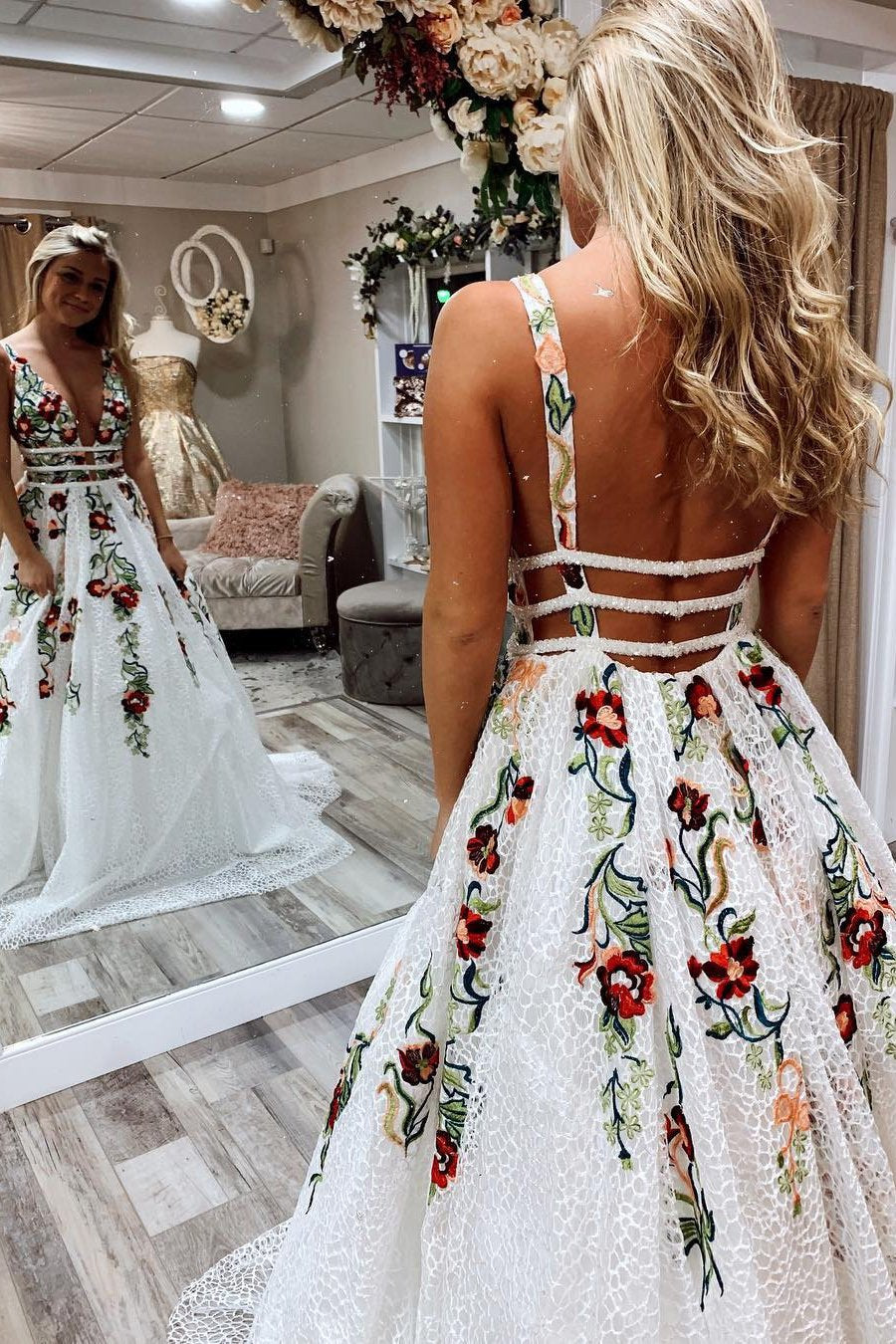 Princess V Neck Floral Embroidery Long Prom Dress with Pocket