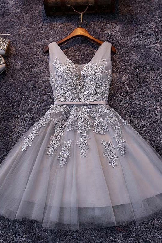 Tulle A-line V-neck Lace Short Prom Dress,Cute Short Dresses Formal