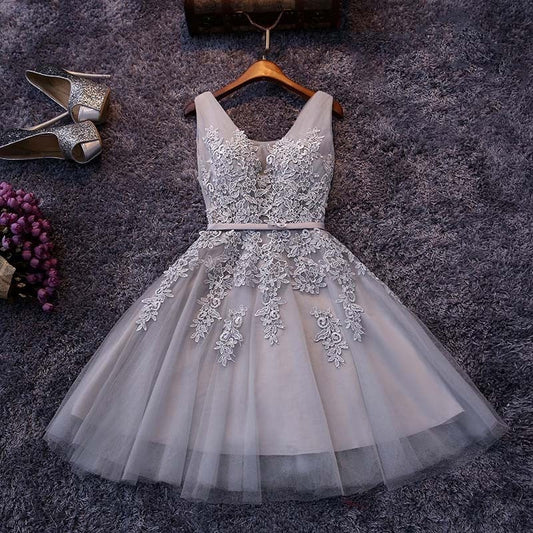 Tulle A-line V-neck Lace Short Prom Dress,Cute Short Dresses Formal