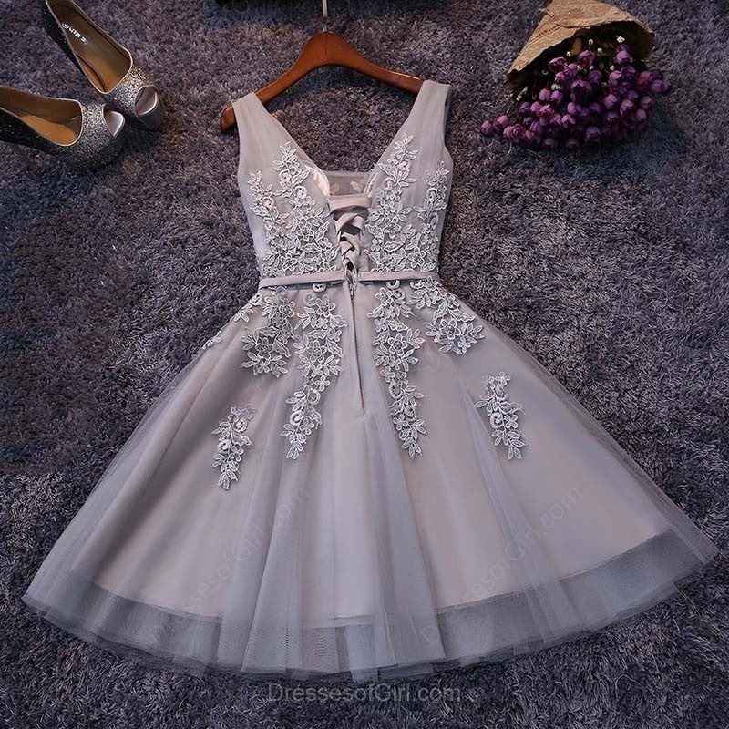 Tulle A-line V-neck Lace Short Prom Dress,Cute Short Dresses Formal