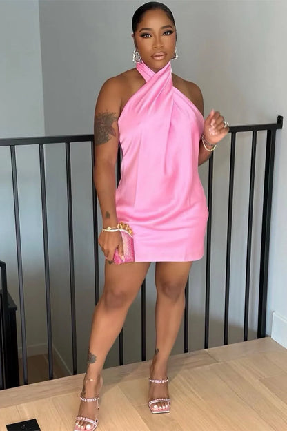 Casual Satin High Neck Backless Short Party Homecoming Dress