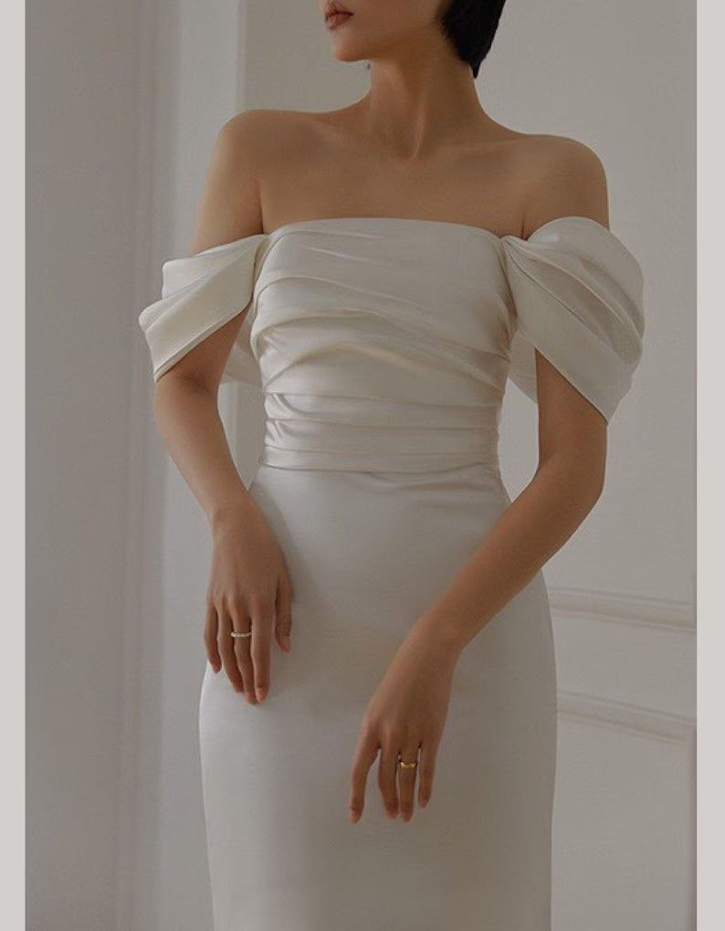Elegant Off-the-Shoulder Ruched Satin Mermaid Wedding Dress TP5928
