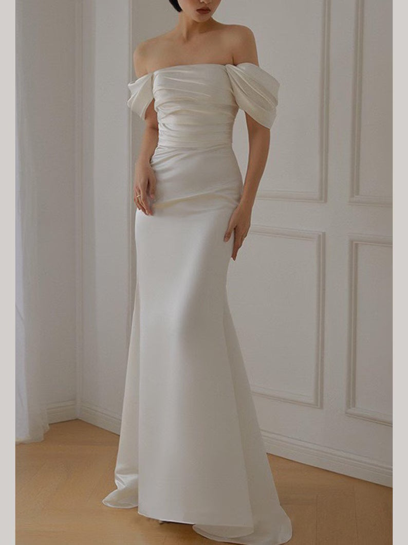 Elegant Off-the-Shoulder Ruched Satin Mermaid Wedding Dress TP5928