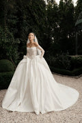 Romantic Ivory Off-the-Shoulder Lace Bodice Satin A-Line Wedding Dress TP5921