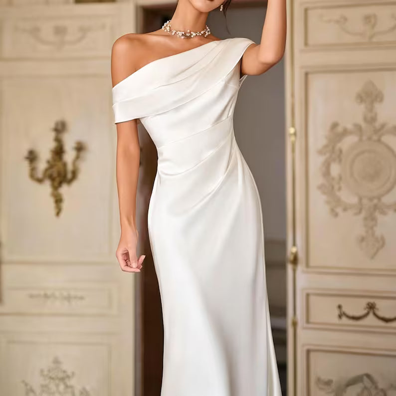 Elegant Off-the-Shoulder Satin Draped Mermaid Wedding Dress TP5927