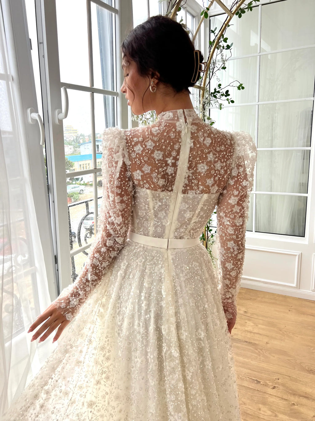 Elegant 3D Floral Sequin Beaded Sheer High Neck Illusion Long Sleeve 3D Floral Sequin Beaded Corset A-Line Wedding Dress TP5909