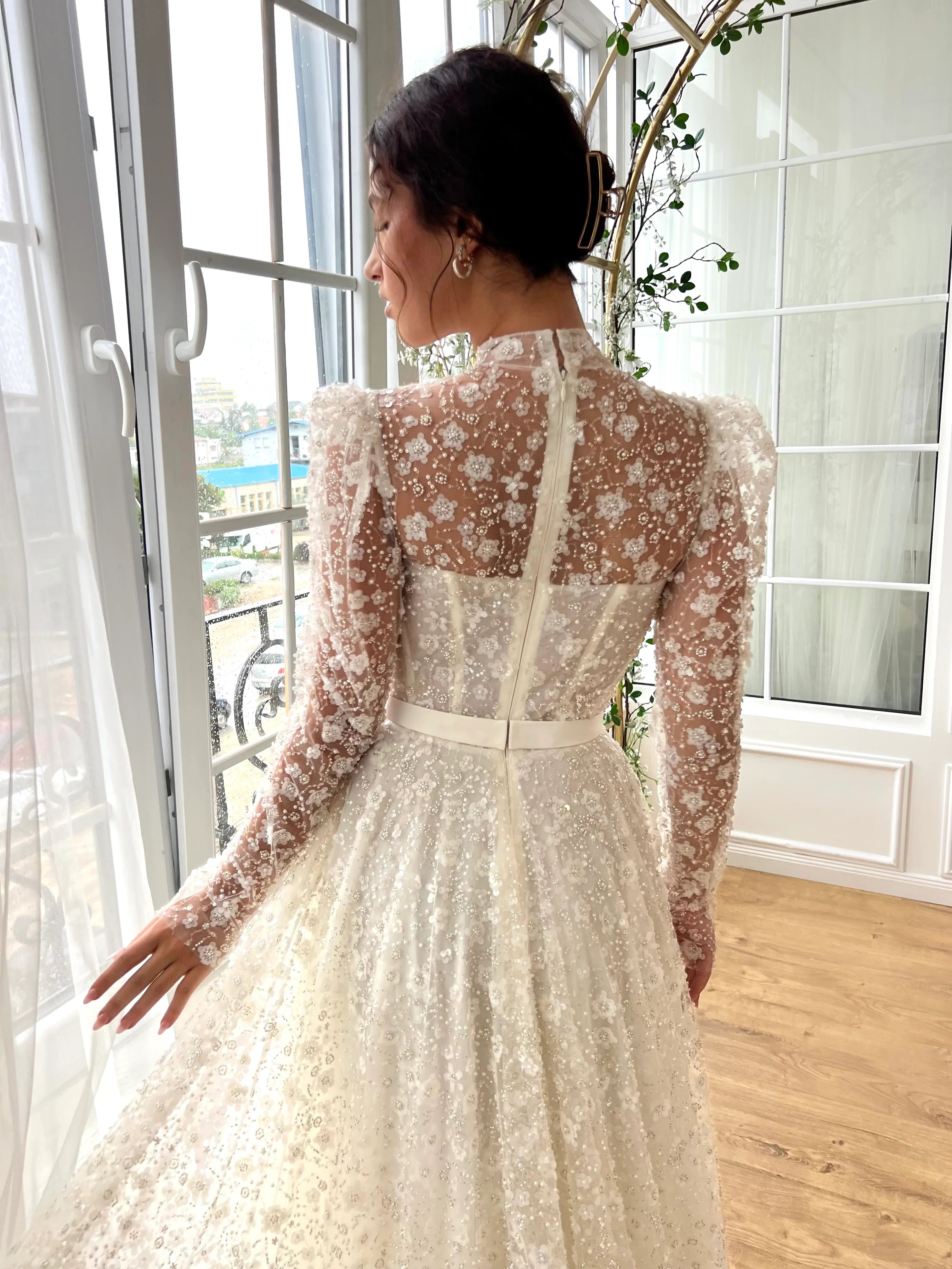 Elegant 3D Floral Sequin Beaded Sheer High Neck Illusion Long Sleeve 3D Floral Sequin Beaded Corset A-Line Wedding Dress TP5909
