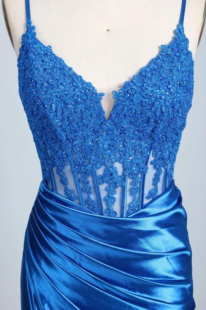 Straps Appliques Satin Mermaid Prom Dress With Slit