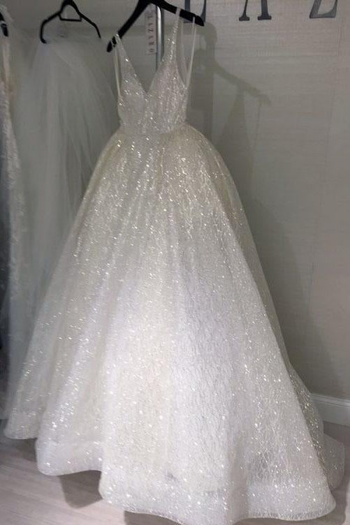 Sparkly V-neck Sleeveless Backless Floor-length Wedding Dresses,Prom Dresses