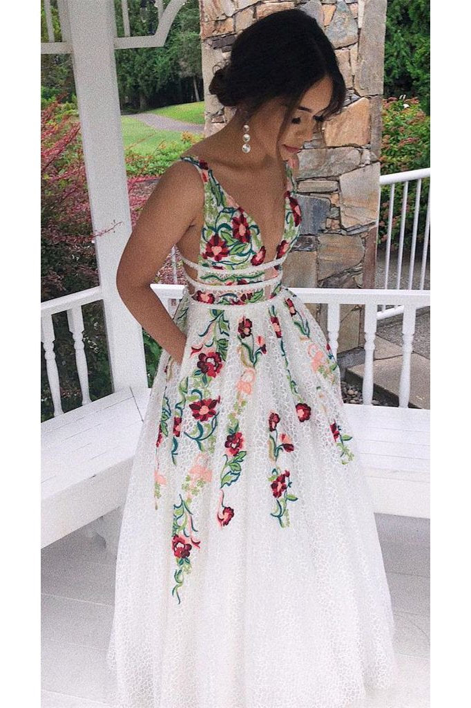 Princess V Neck Floral Embroidery Long Prom Dress with Pocket