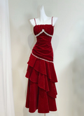 Burgundy Long Prom Dress Ruffle Velvet Wedding Guest Dresses