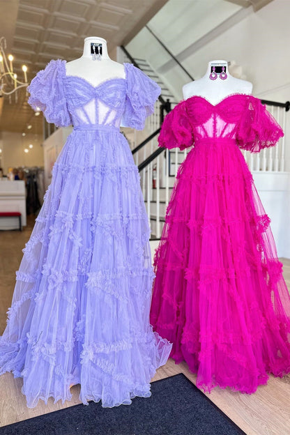 Sky Blue Ruffled Puff Sleeves A-line Long Prom Dress