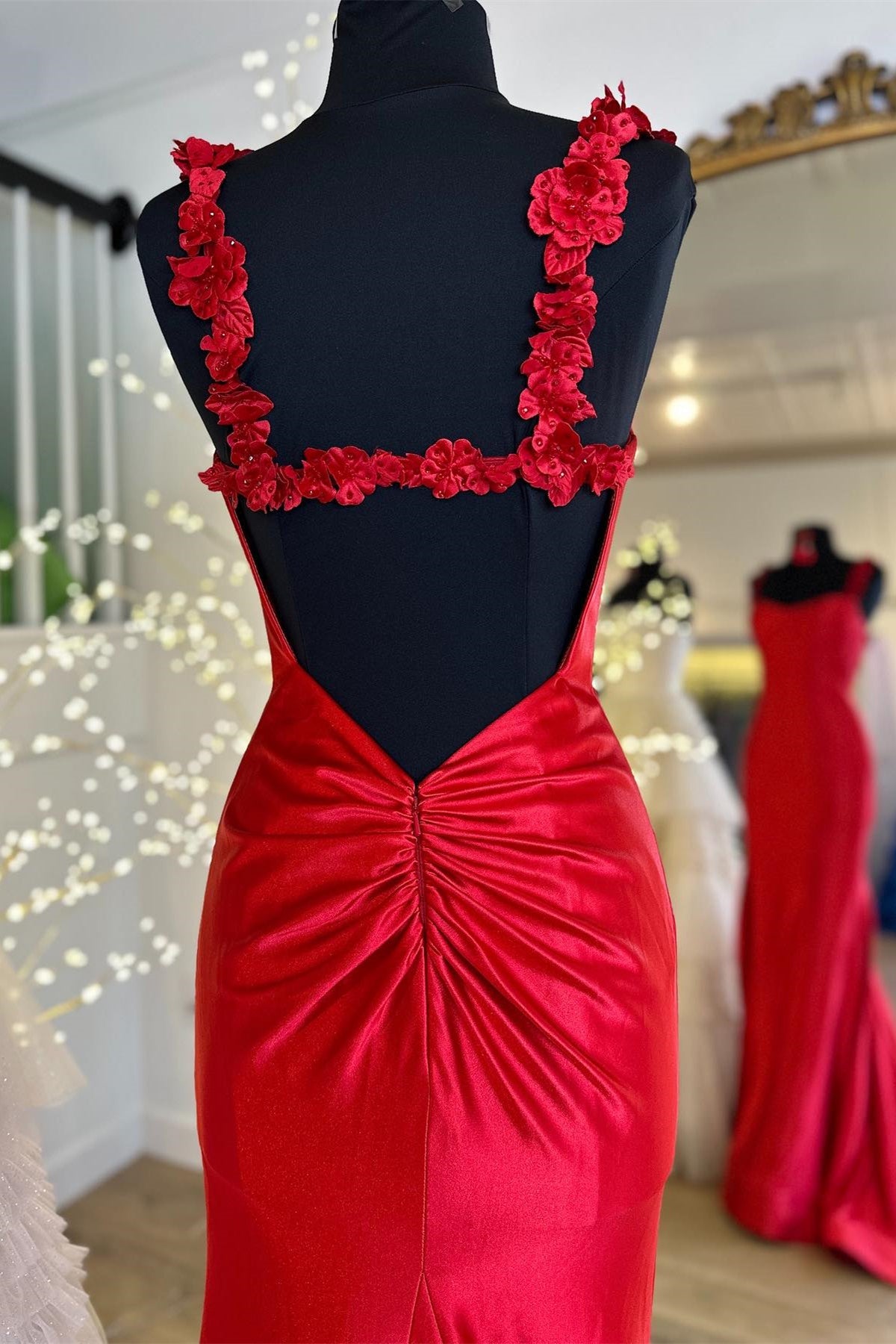 Red Flower Straps Mermaid Satin Long Prom Dress with Slit
