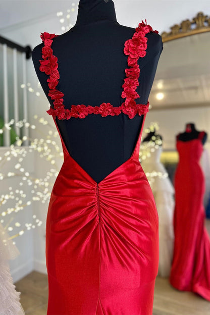 Red Flower Straps Mermaid Satin Long Prom Dress with Slit