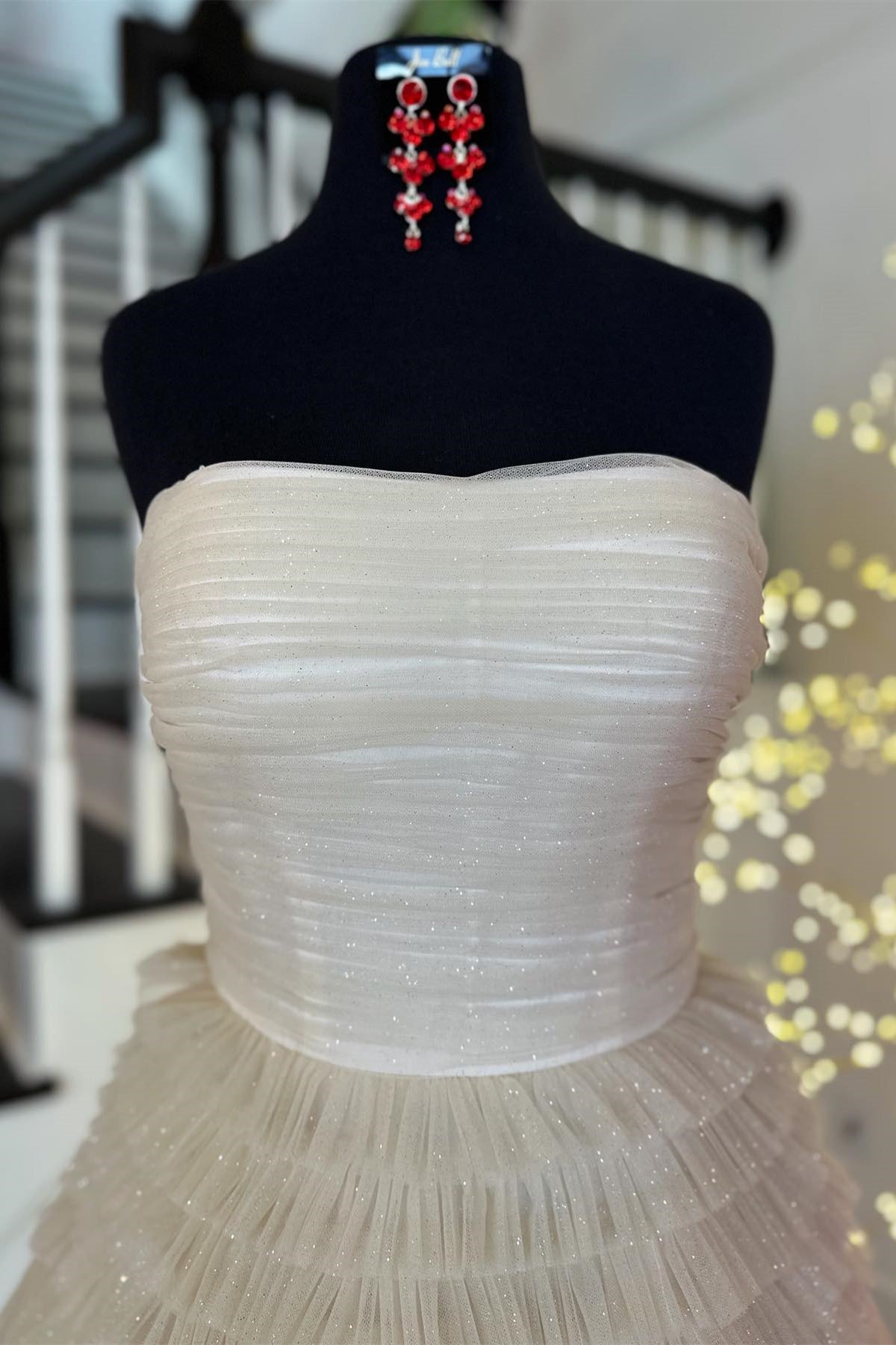 Dark Navy Strapless Layers A-line Tulle Long Prom Dress