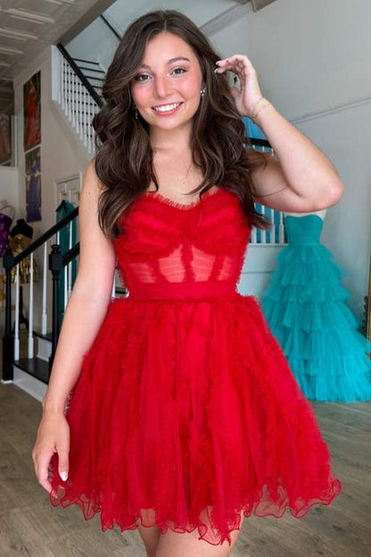 Red A-line Sweetheart Ruffles Short Tulle Homecoming Dress