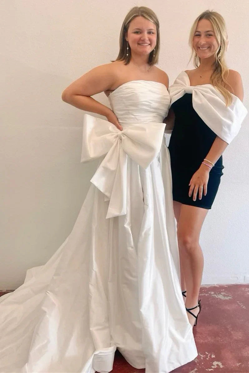 Satin A-Line Strapless Empire With Side Slit Prom Dress