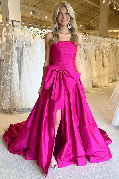 Satin A-Line Strapless Empire With Side Slit Prom Dress