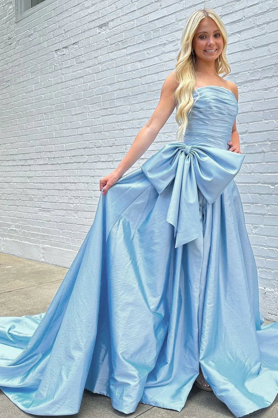 Satin A-Line Strapless Empire With Side Slit Prom Dress