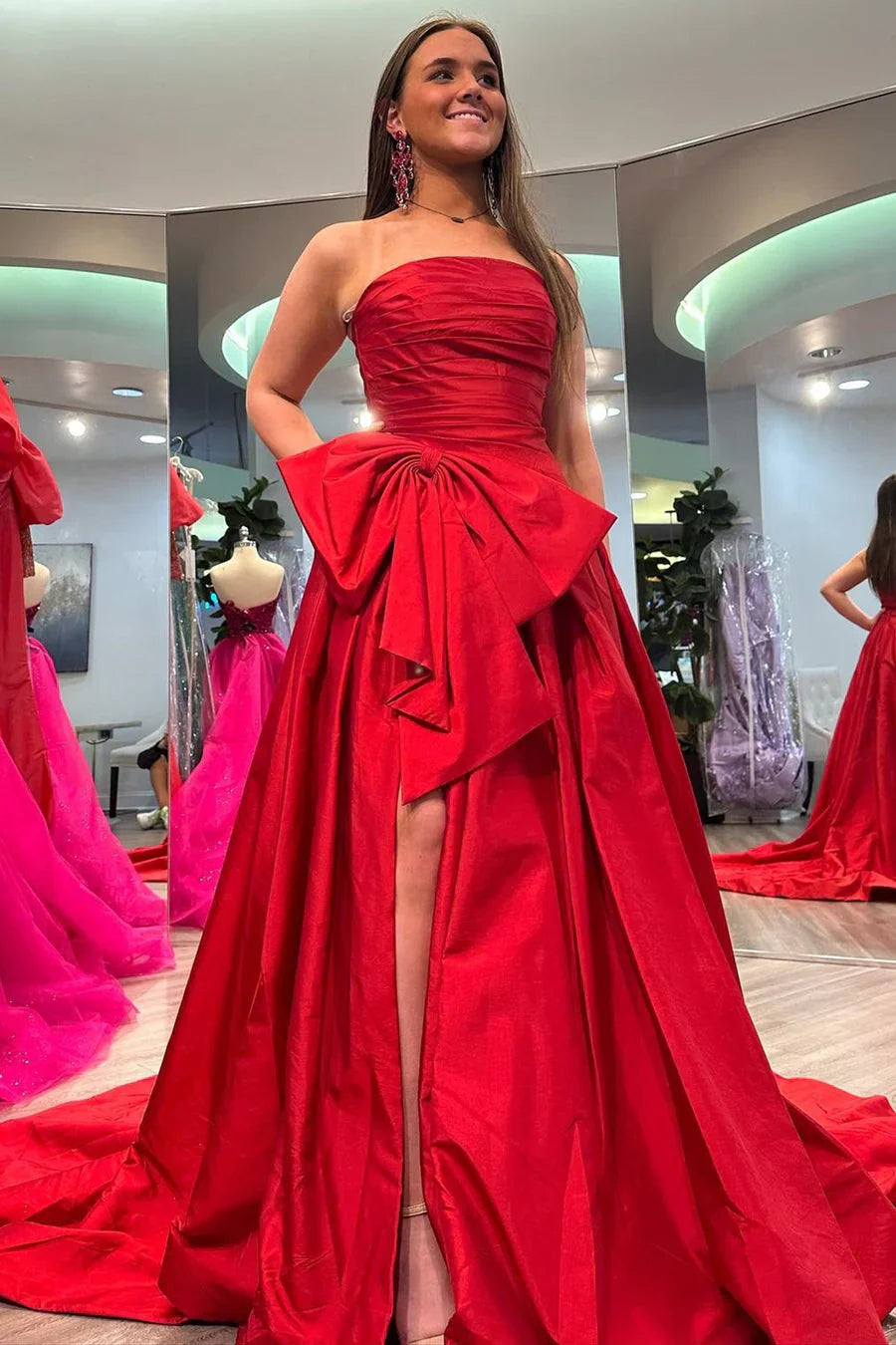Satin A-Line Strapless Empire With Side Slit Prom Dress