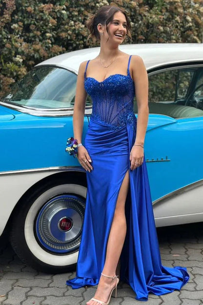 Spaghetti Straps Lace Appliques Mermaid Party Prom Dress With Slit