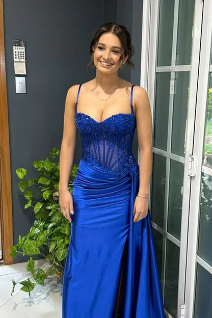 Spaghetti Straps Lace Appliques Mermaid Party Prom Dress With Slit