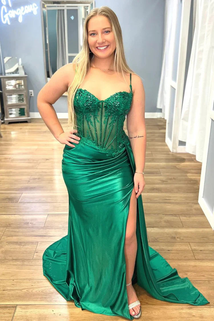 Spaghetti Straps Lace Appliques Mermaid Party Prom Dress With Slit