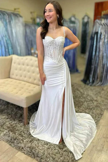 Spaghetti Straps Lace Appliques Mermaid Party Prom Dress With Slit
